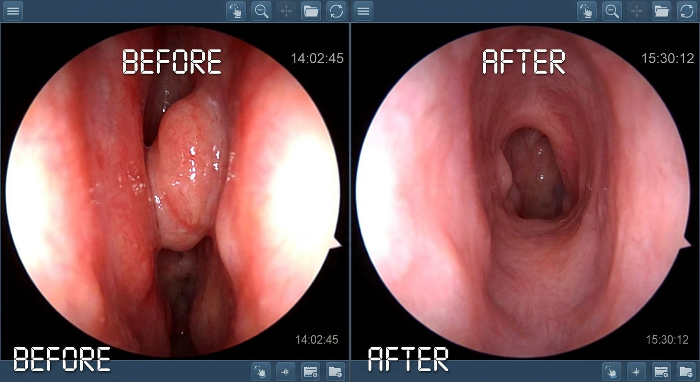 Split-panel endoscopic corridor: narrowed adenoid pad before vs open airway after