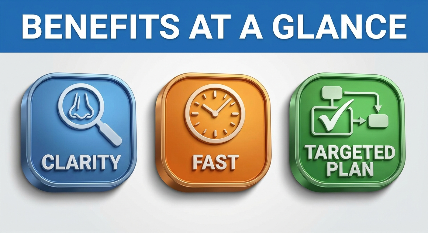 Three badges representing clarity, speed, and targeted treatment planning