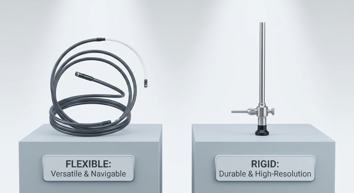Side-by-side illustration of flexible versus rigid nasal endoscopes