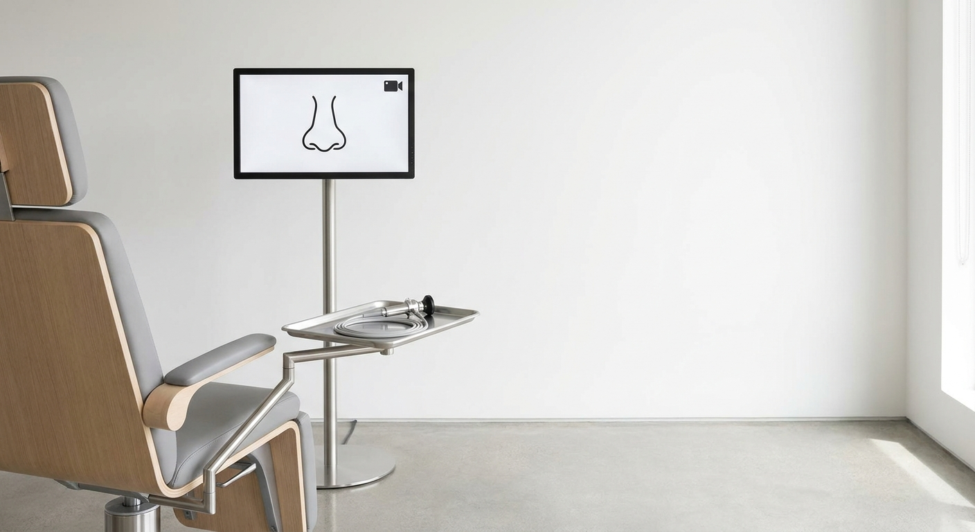 Minimal ENT exam setup with endoscope and monitor in a clean clinic room