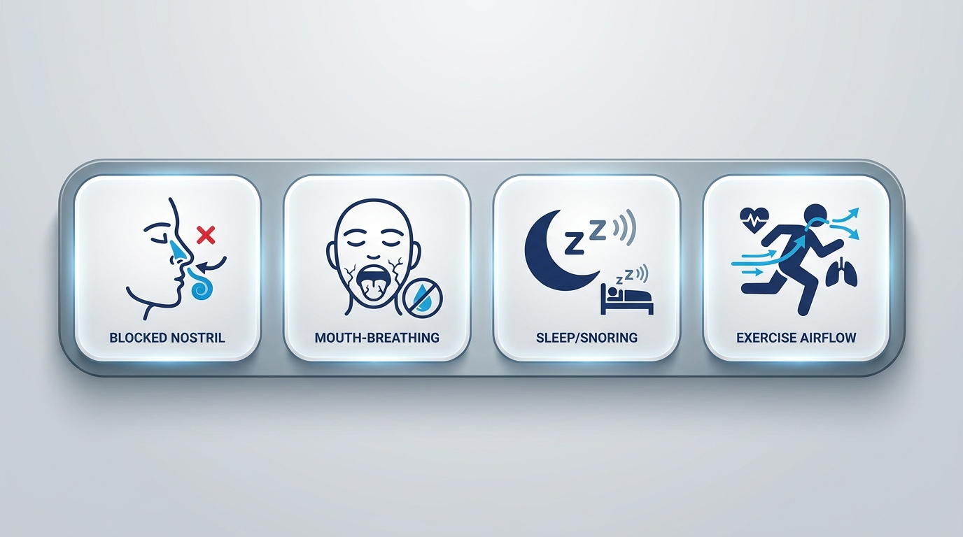 Row of four symptom icons: blocked nostril, mouth breathing/dry mouth, sleep/snoring, and exercise airflow.