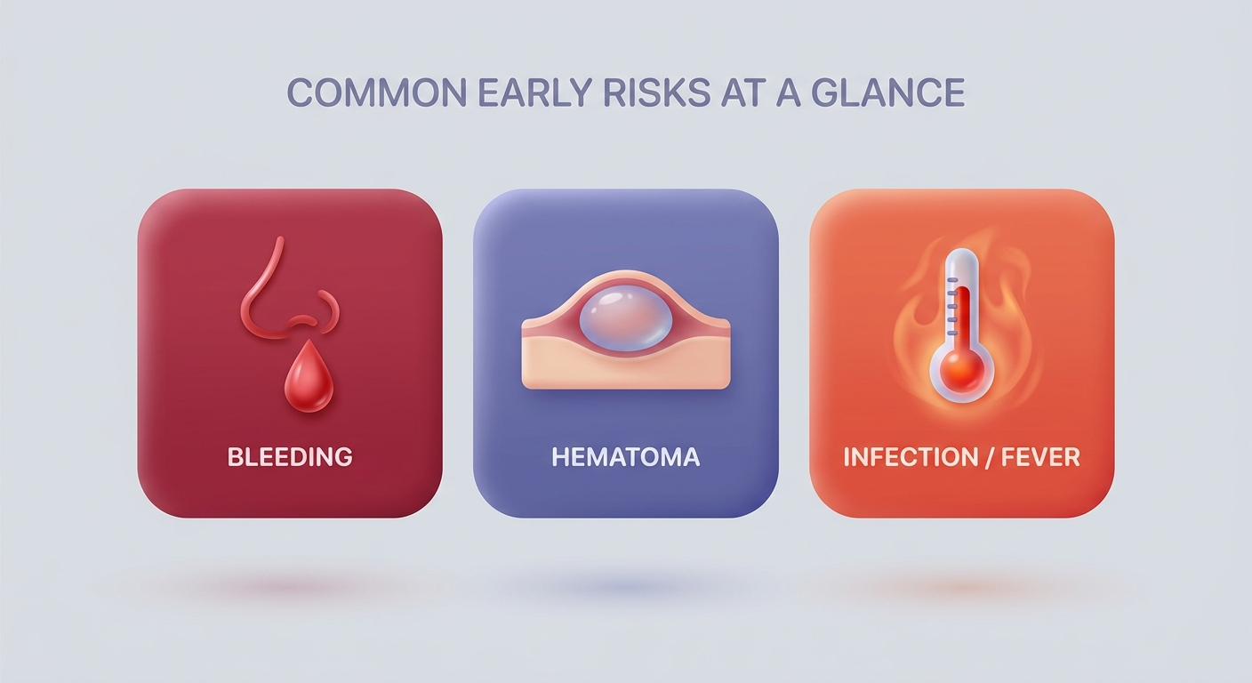 Early risks: bleeding, hematoma, infection