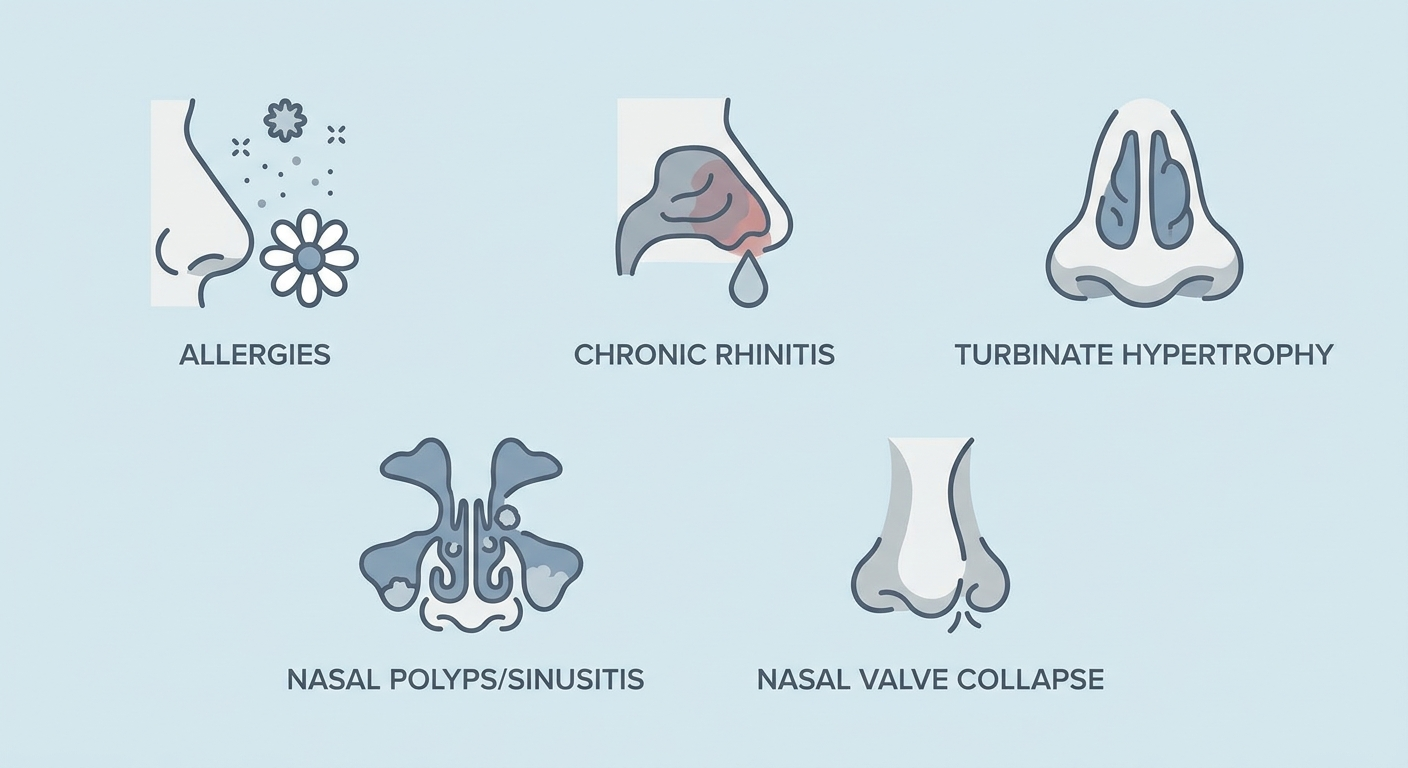 Look-alike condition icons: allergies, chronic rhinitis, turbinate hypertrophy, polyps/sinusitis, nasal valve collapse