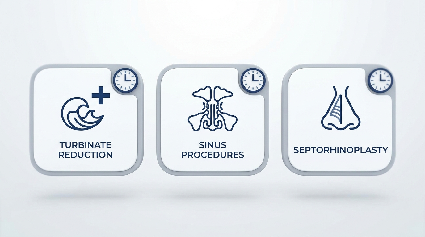 Add-on procedures like turbinate reduction, sinus work, or septorhinoplasty can add time
