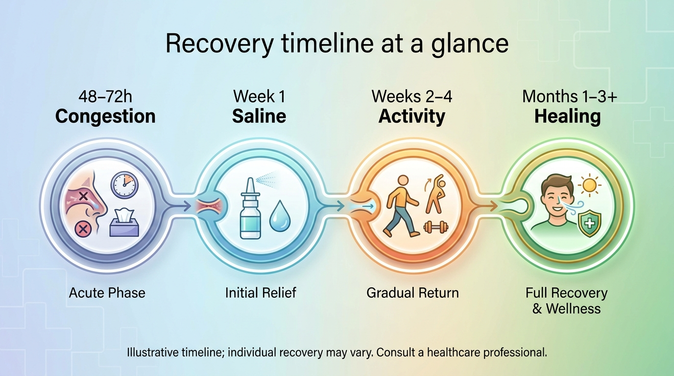Recovery timeline at a glance - congestion, saline, activity, long-term healing