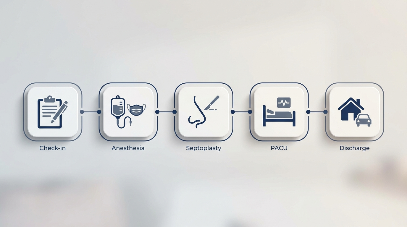 Surgery day timeline: check-in, anesthesia, septoplasty, PACU, discharge home.