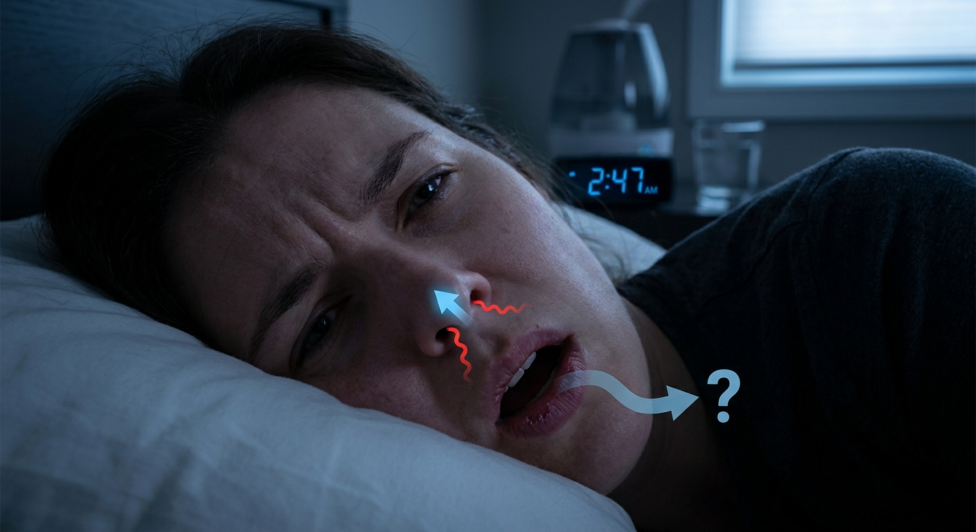 Nighttime symptoms: blocked nostril, mouth breathing, dry mouth while lying on a pillow