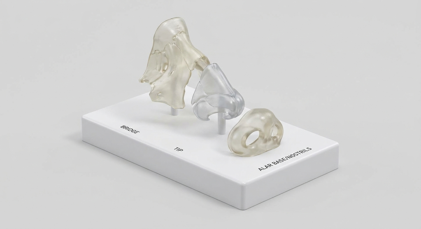 Standalone nose module on white plinth showing bridge, tip, and alar base zones