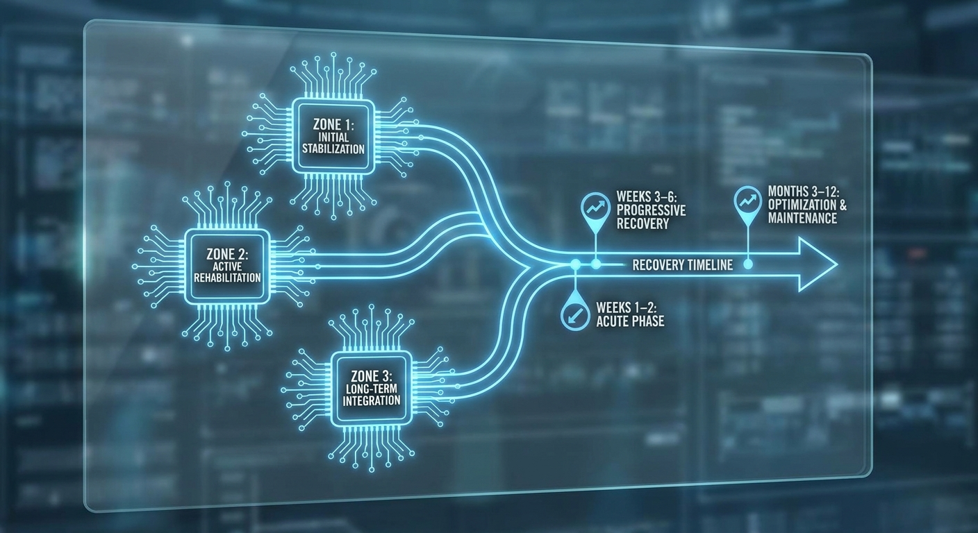 Three-zone plan chips leading to recovery timeline with Weeks 1–2, Weeks 3–6, Months 3–12