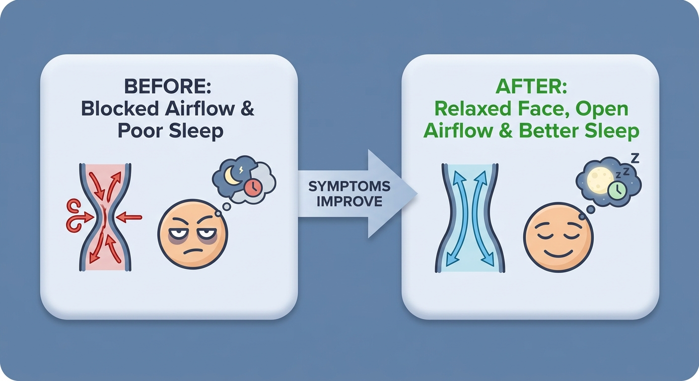 Before vs after symptoms: blocked airflow and poor sleep contrasted with open airflow and better sleep.