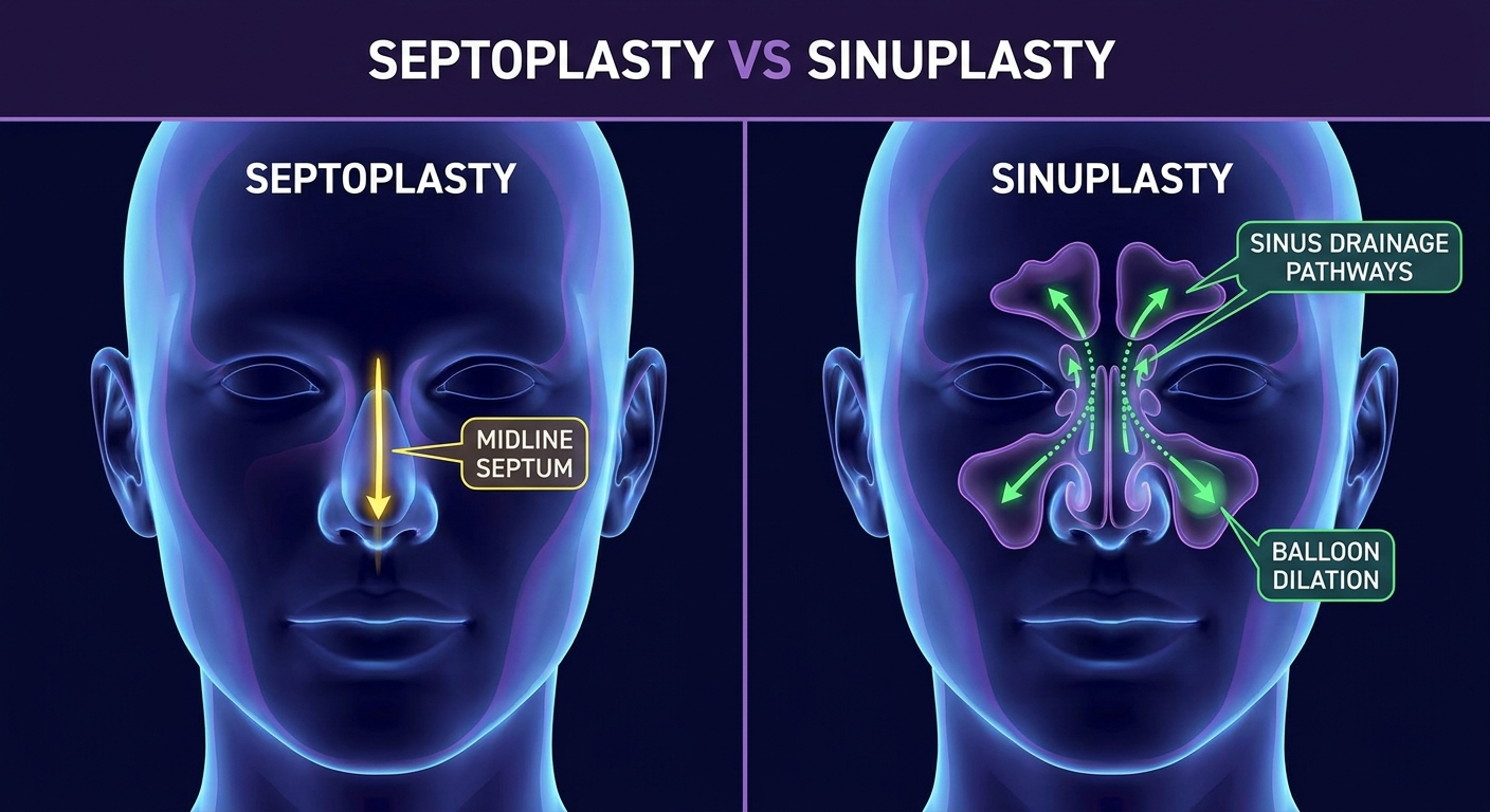 Septoplasty vs sinuplasty: midline septum focus versus sinus drainage pathways.