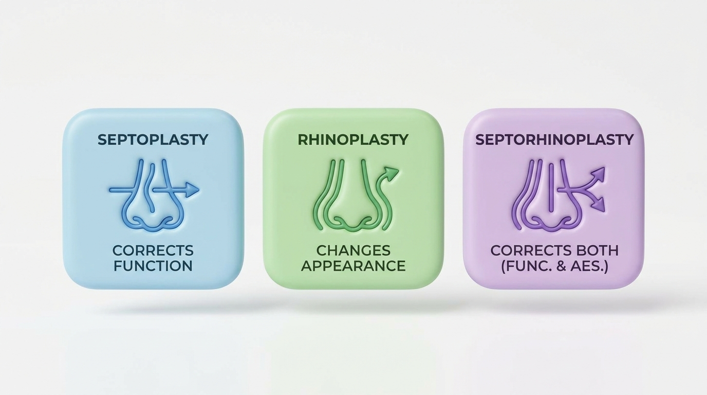 Tiles comparing septoplasty, rhinoplasty, and septorhinoplasty with simple icons