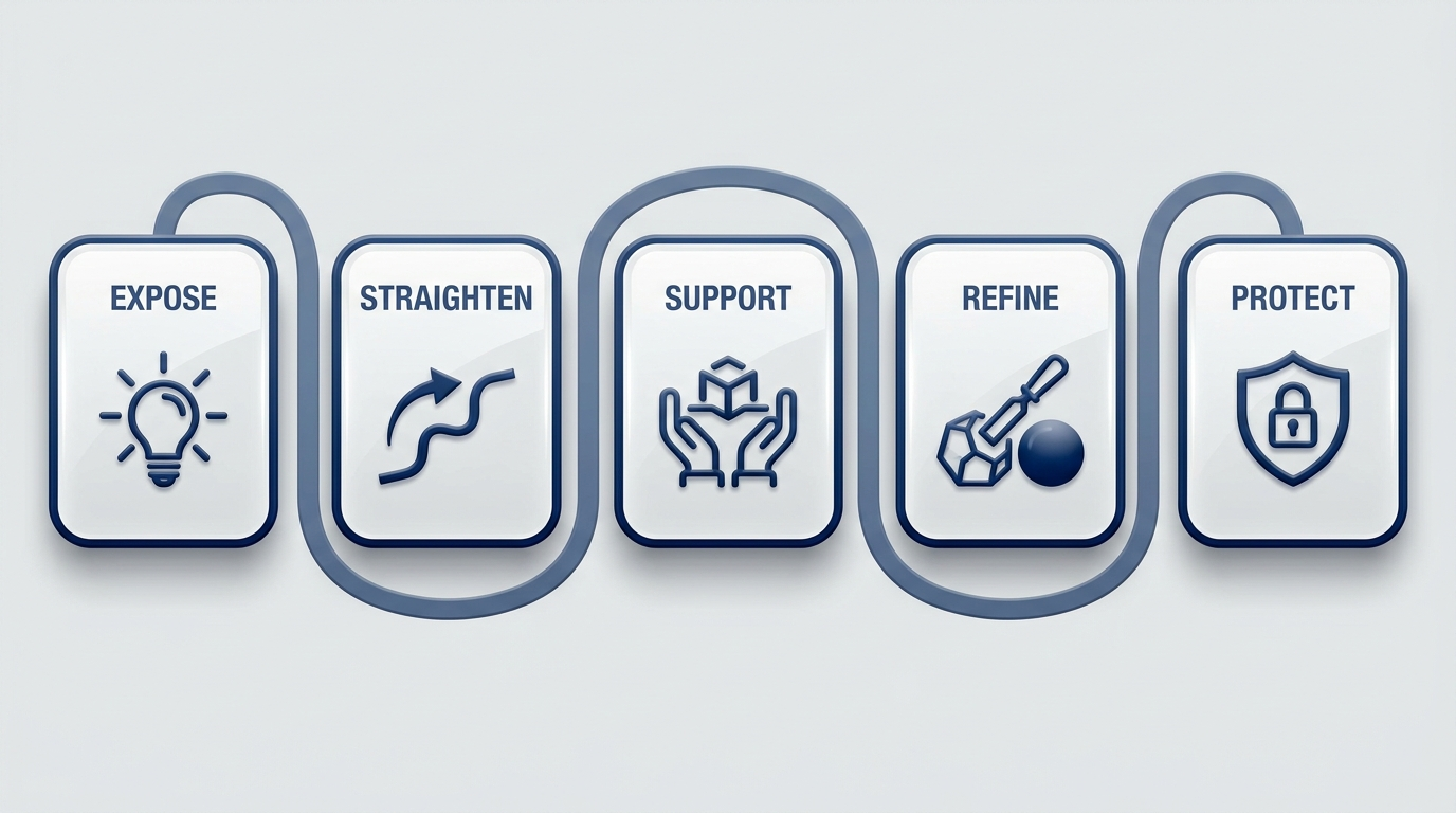 Step-by-step arc: Expose, Straighten, Support, Refine, Protect