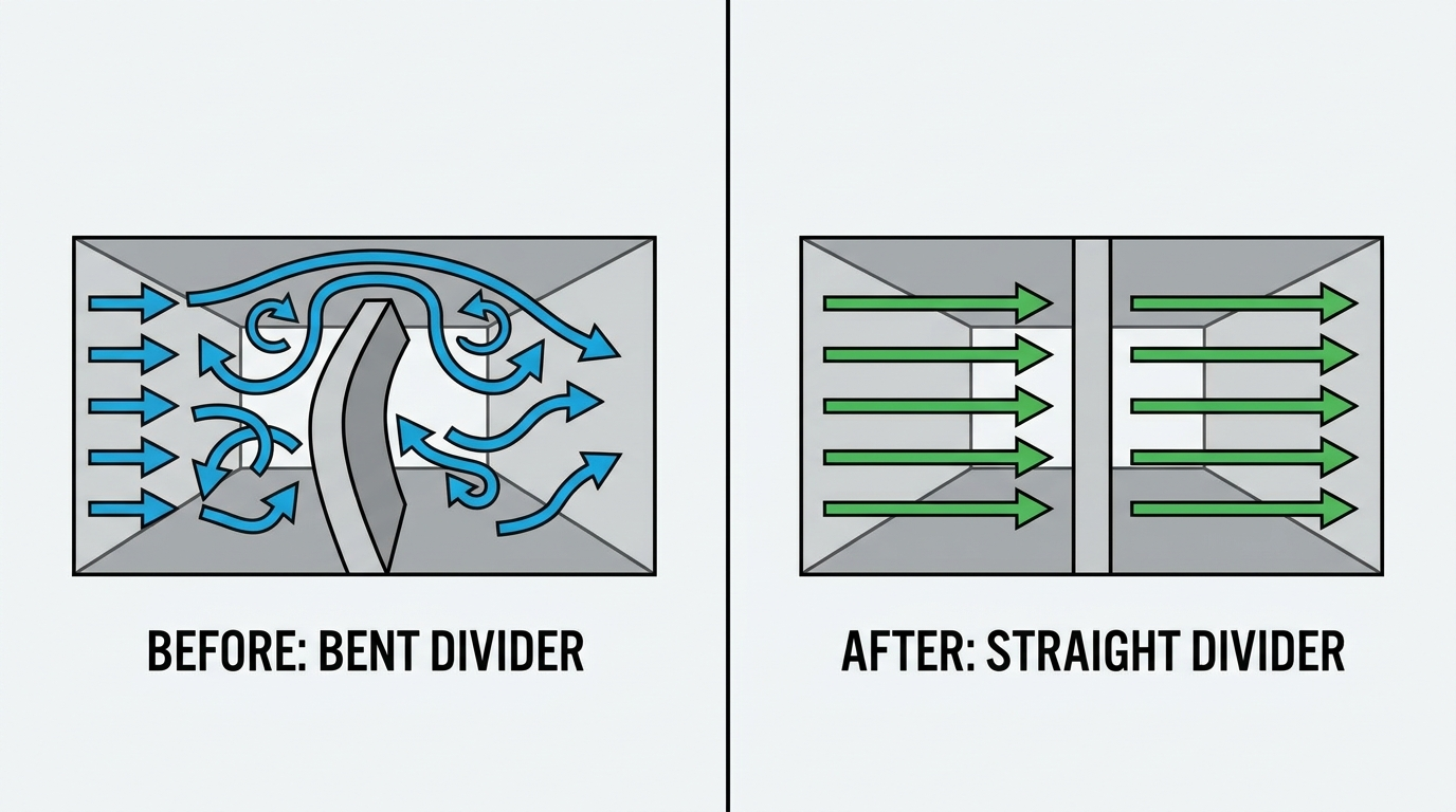 Tunnel analogy before/after showing straighter divider and improved airflow
