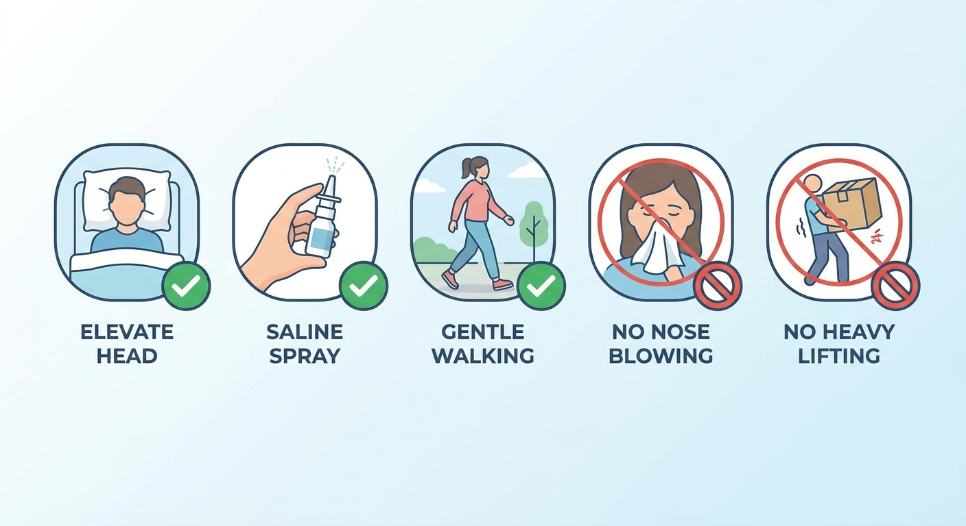 Early recovery do’s and don’ts icons: head elevation, saline spray, gentle walking, no nose blowing, no heavy lifting