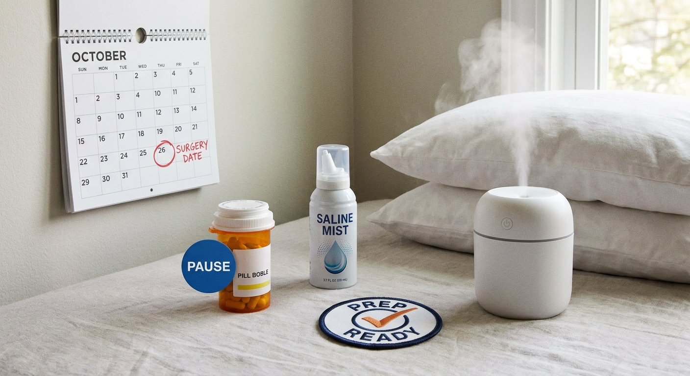 Pre-surgery prep kit with calendar, paused meds, saline, pillows, humidifier, readiness badge