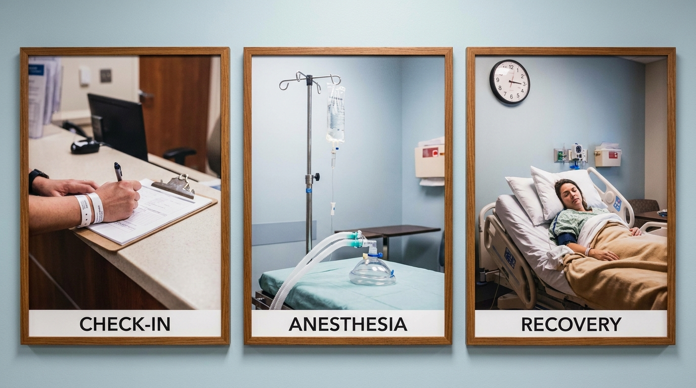 Surgery day steps: check-in, anesthesia, recovery
