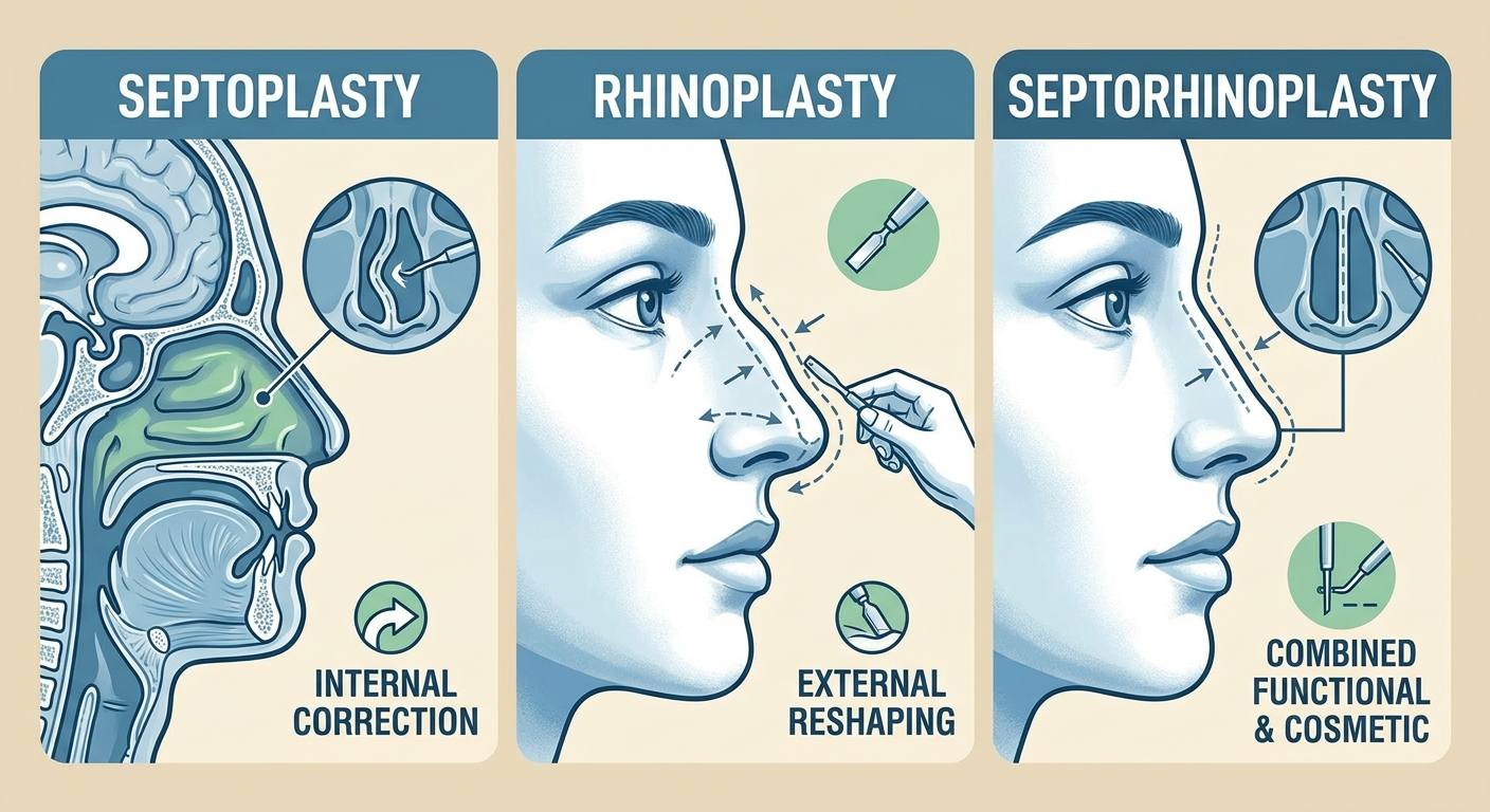 Three-panel comparison: septoplasty (internal septum), rhinoplasty (external shaping), septorhinoplasty (both)