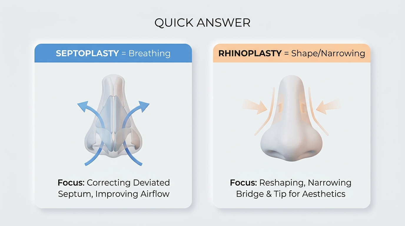 Quick answer visual comparing Septoplasty for breathing vs Rhinoplasty for shape and narrowing