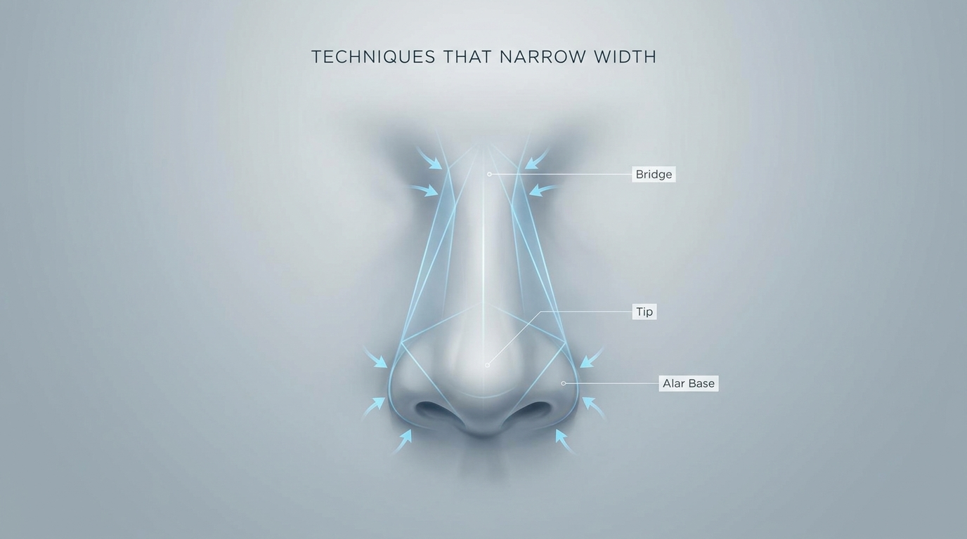 Techniques that narrow width: Bridge, Tip, and Alar Base callouts