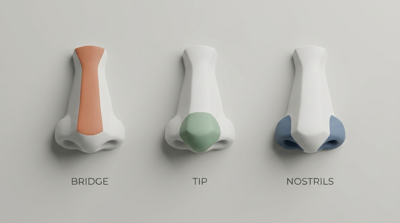 Zones that affect wide appearance: Bridge, Tip, and Nostrils