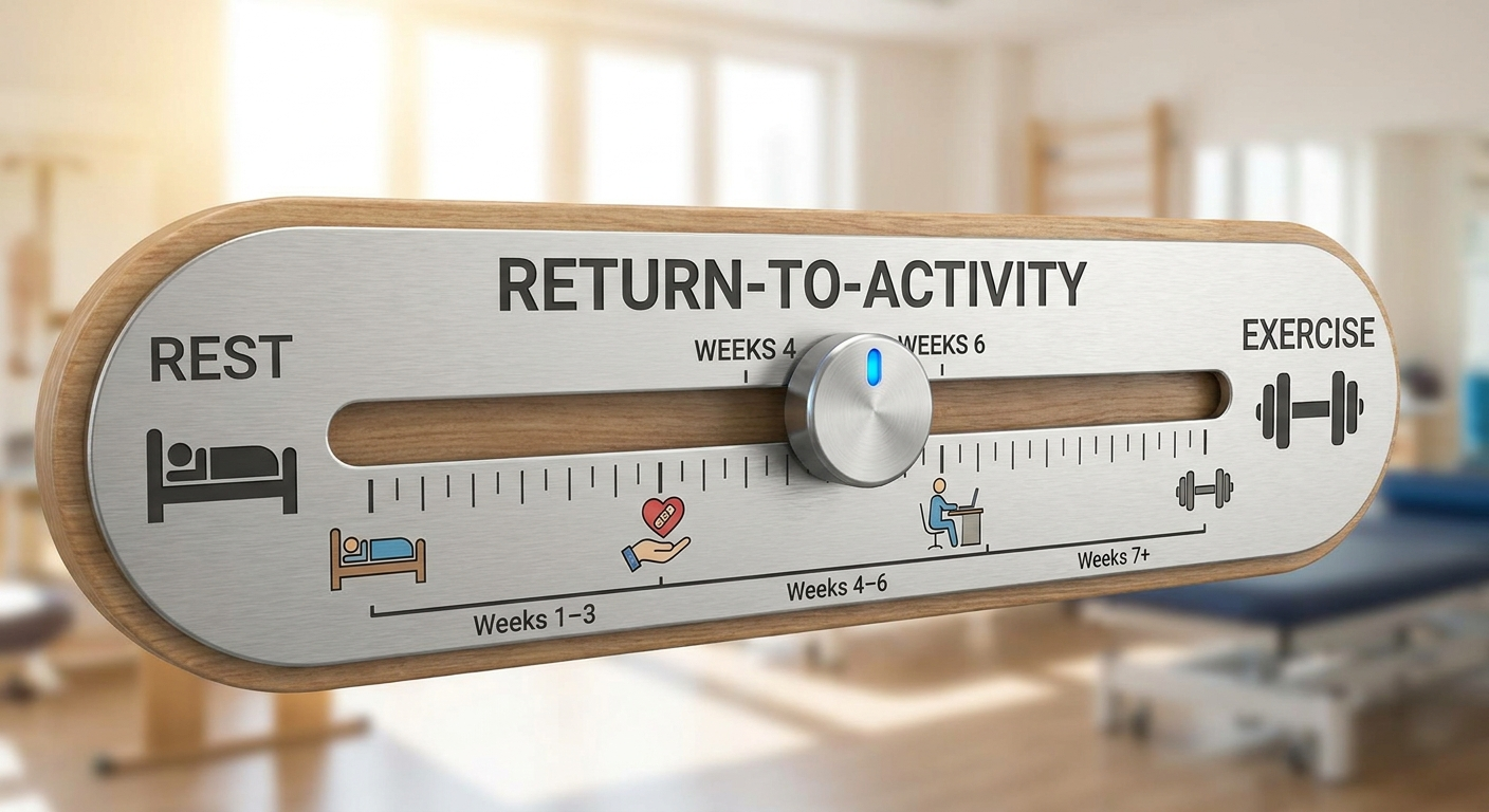 Return-to-activity slider from rest to exercise around Weeks 4–6