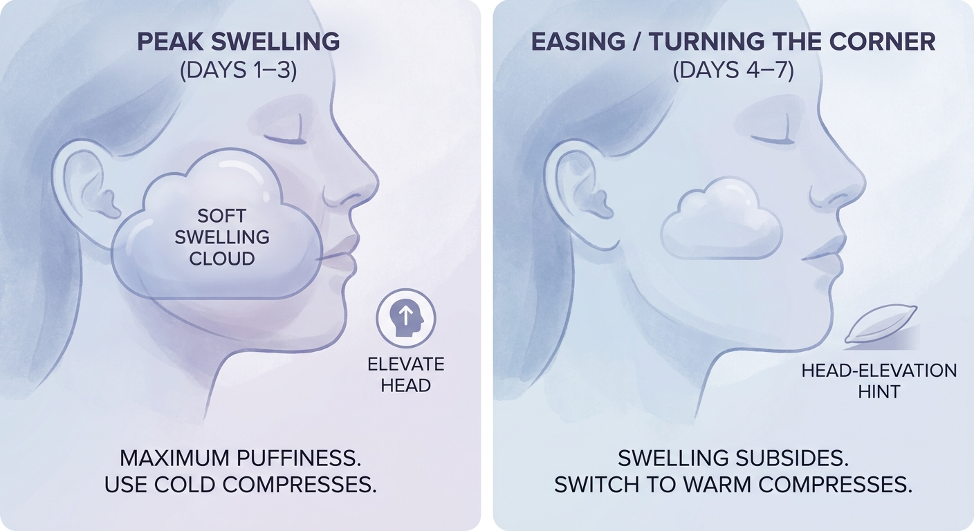 Peak swelling (Days 1–3) versus easing (Days 4–7) illustration