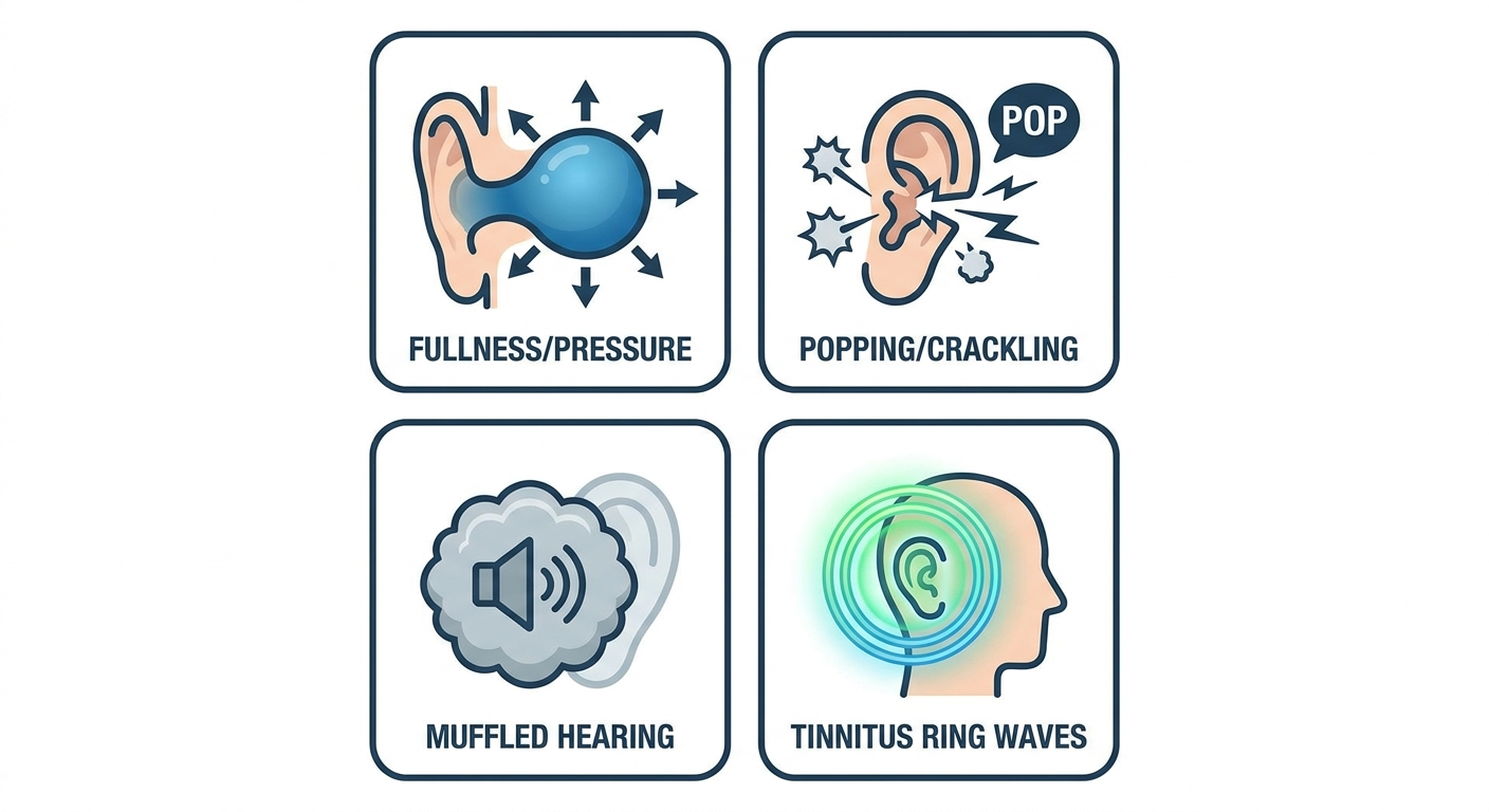 Icons for ear fullness, popping, muffled hearing, and tinnitus waves
