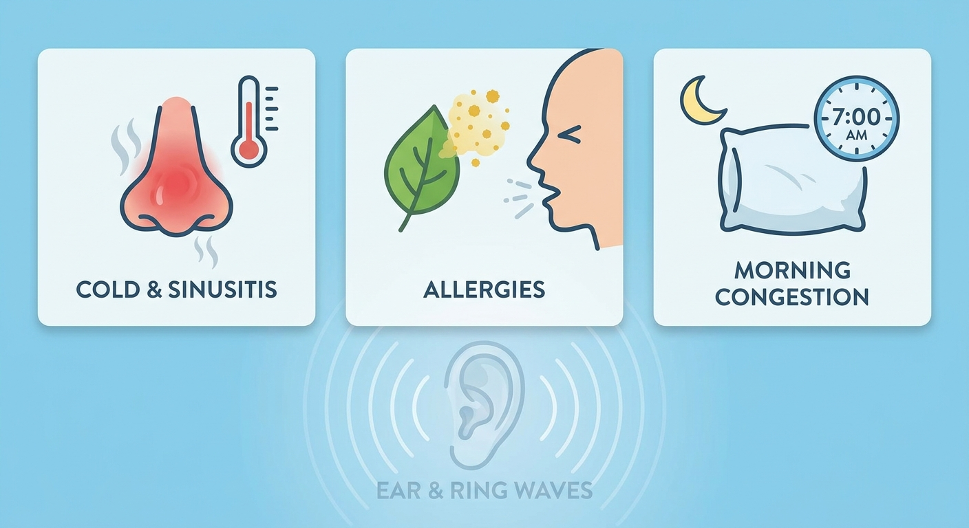 Tiles showing cold/sinusitis, allergies, and morning congestion triggers with ear waves