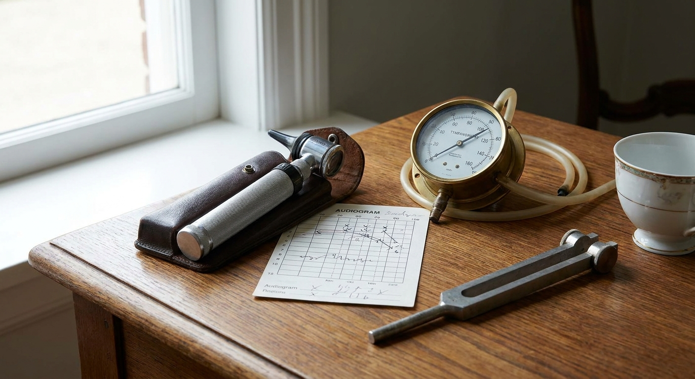 ENT tools with otoscope, audiogram card, and tympanometry gauge