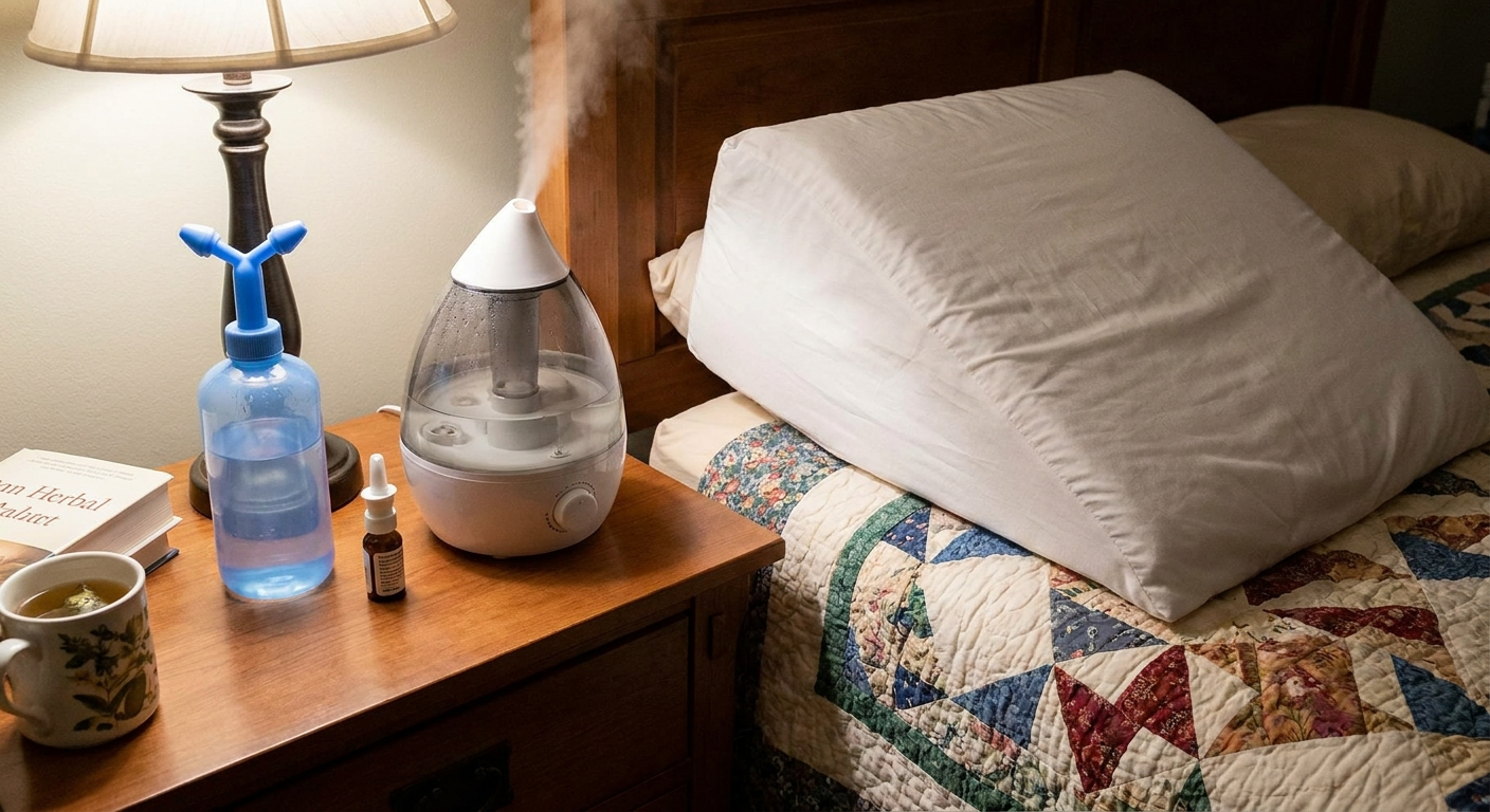 At-home relief items: saline irrigation, nasal spray, humidifier, and elevated pillow