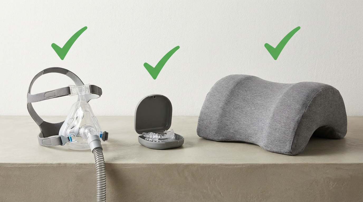 Treatment options: CPAP mask, oral appliance, and side-sleep positional pillow