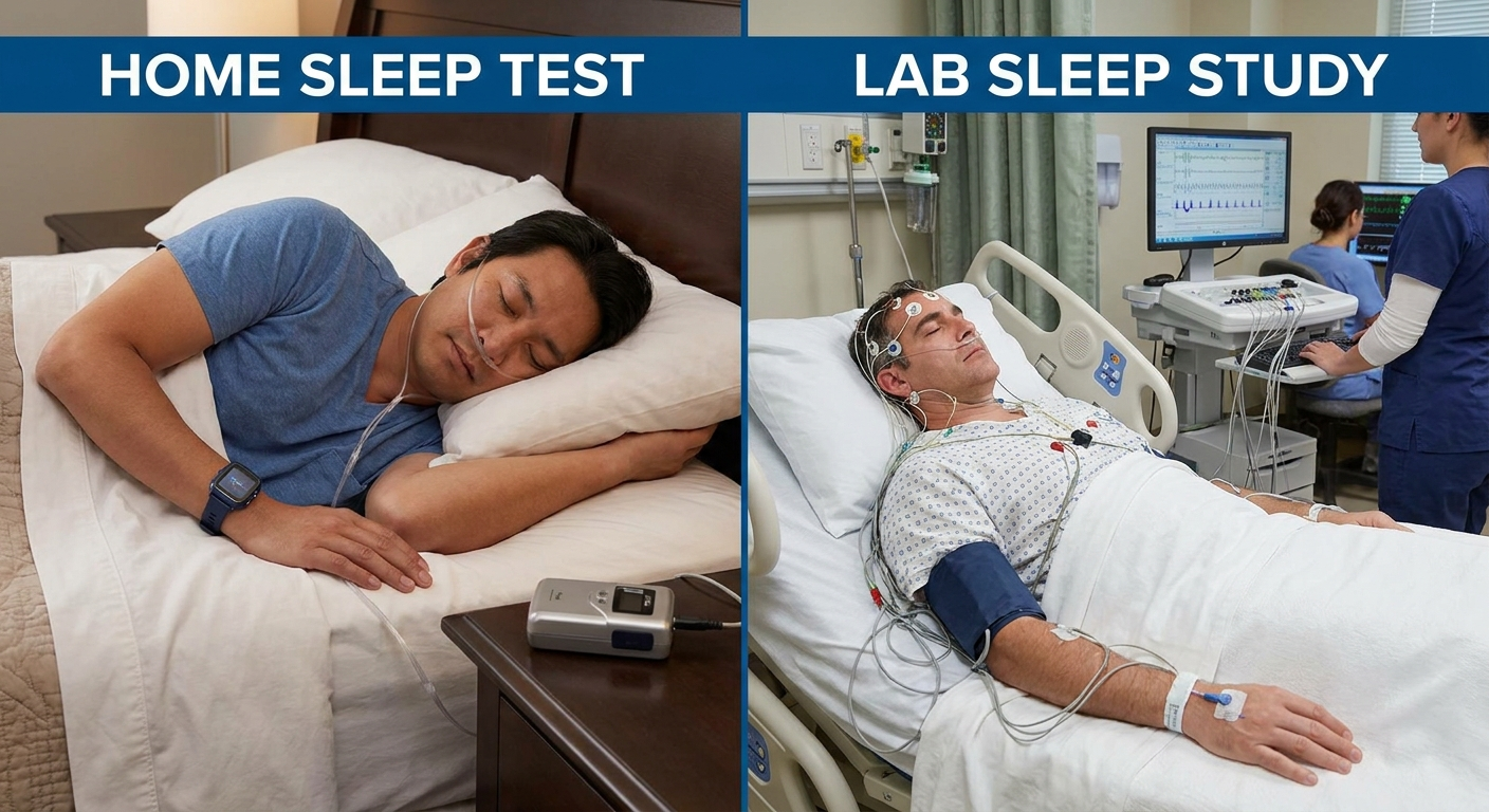 Split scene showing home sleep test gear versus an in-lab sleep study setup