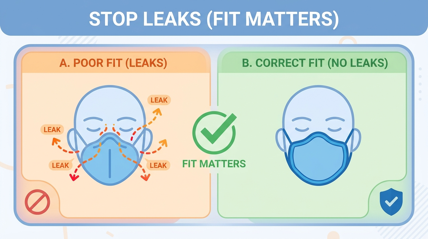 Mask fit A/B: leaking vs properly sealed with checkmark
