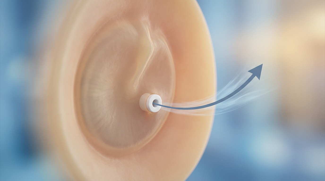 Close-up of an eardrum with a small tube allowing airflow and drainage
