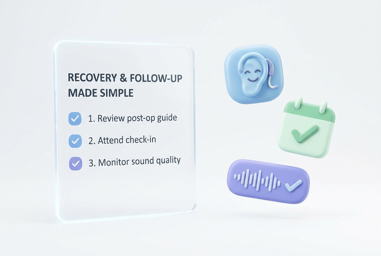 Aftercare checklist and follow-up icons: smiling ear with tube, calendar check, audio wave check