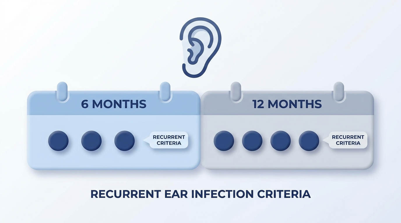 Recurrent ear infection criteria: 3 in 6 months or 4 in 12 months