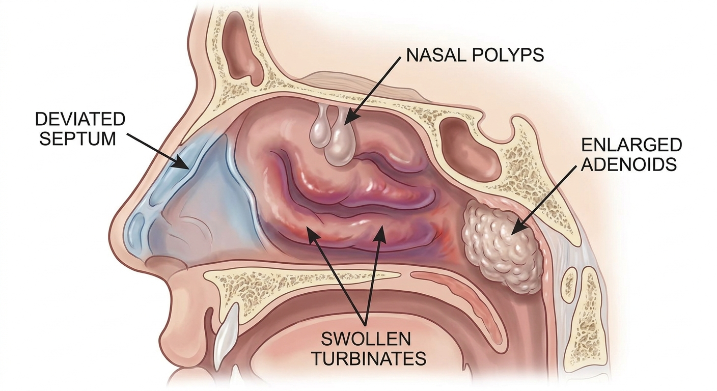 Cutaway of nose and sinuses showing deviated septum, swollen turbinates, nasal polyps, enlarged adenoids