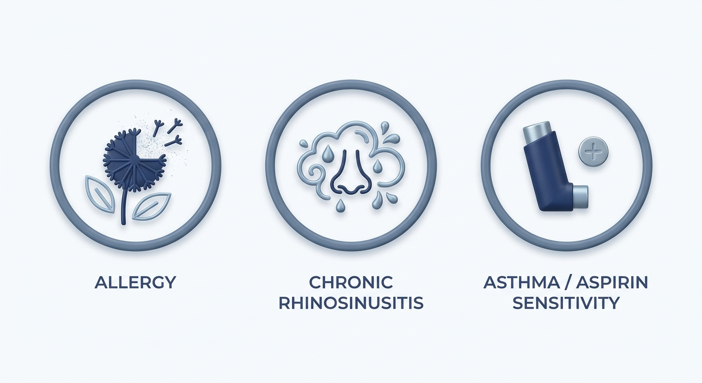 Causes of nasal polyps: allergy, chronic rhinosinusitis, asthma/aspirin sensitivity icons