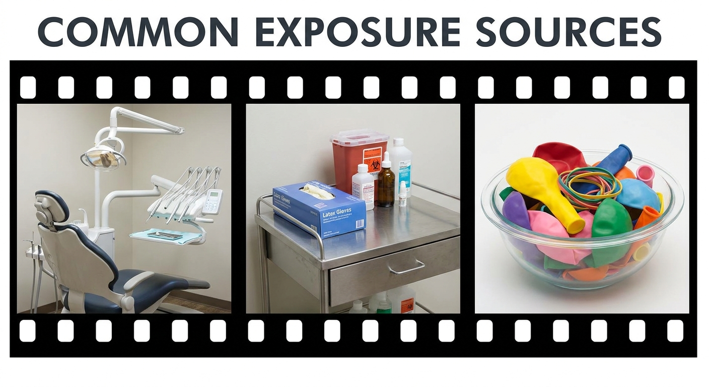 Common exposure sources: dental chair, glove box in medical cart, balloons and rubber bands