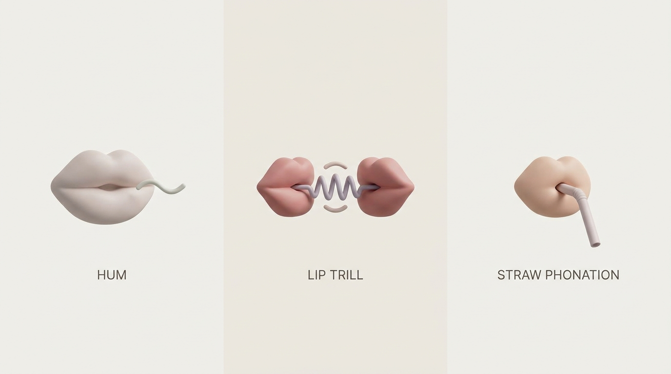 Warm-up icons: hum, lip trill, straw phonation