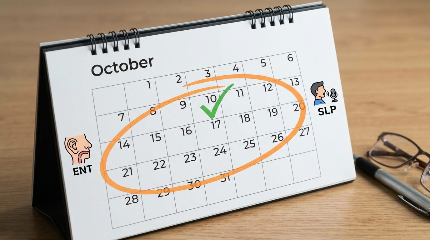 Calendar with 3-week arc and icons for ENT and SLP indicating when to seek care