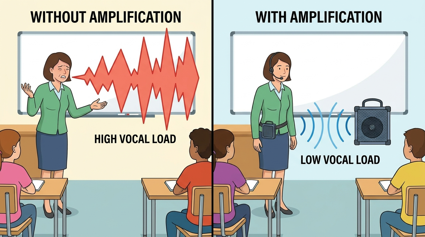 Comparison: teacher without mic vs with headset mic showing reduced vocal load