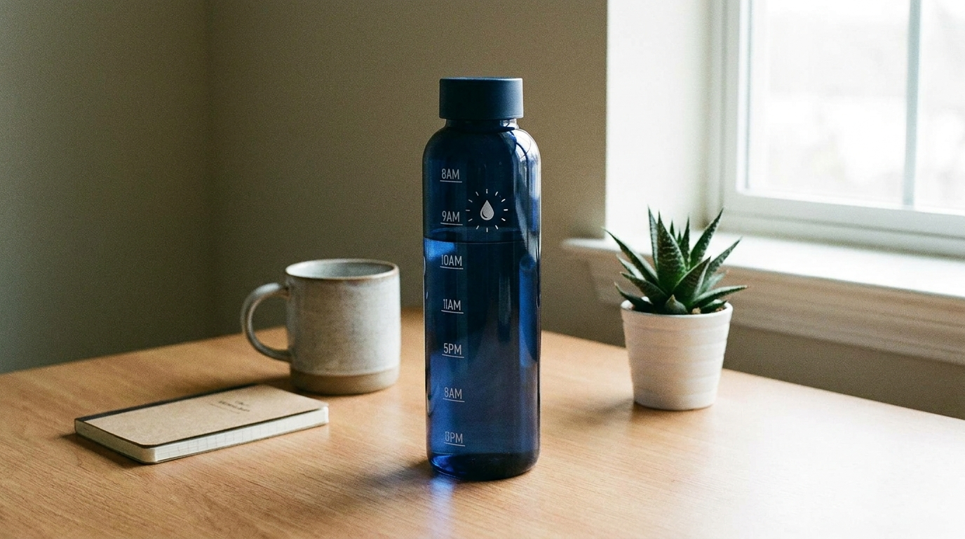 Hydration routine: time-marked bottle, clock, water droplet cue
