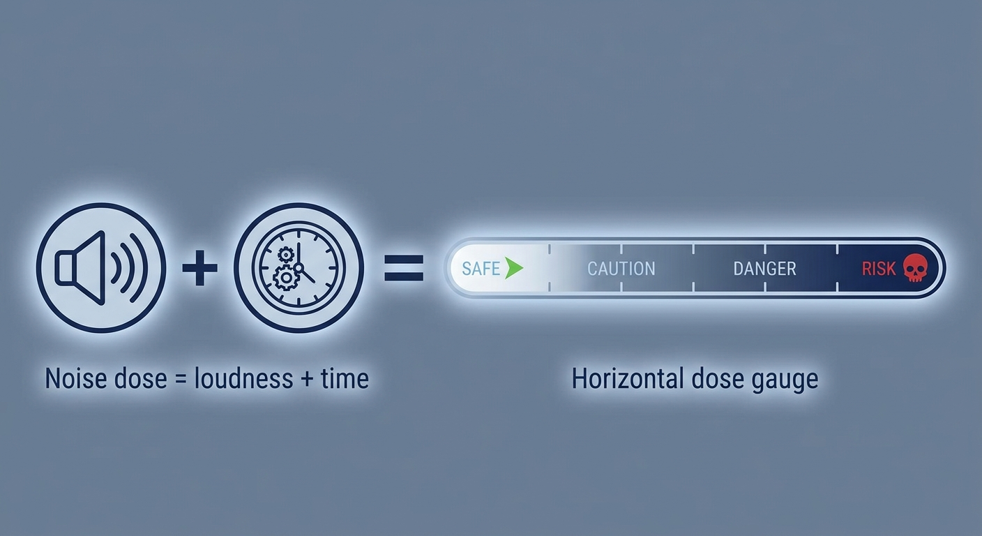Noise dose equals loudness plus time gauge with safe-to-risk zones
