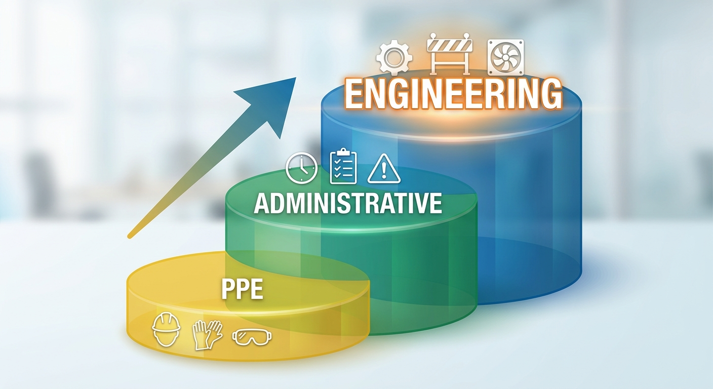 Hierarchy of controls steps: Engineering, Administrative, PPE