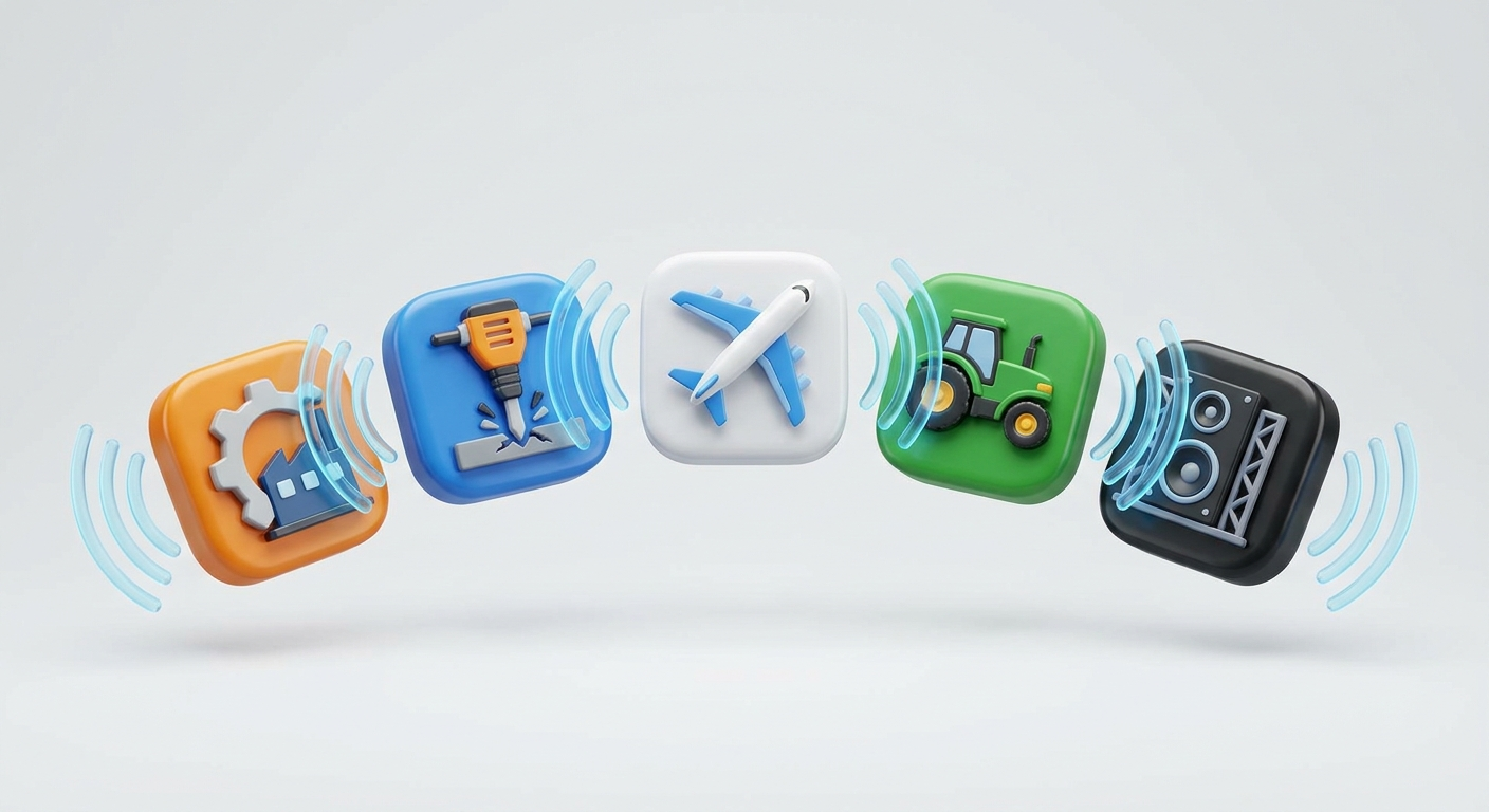 Higher-risk workplaces icons: factory, jackhammer, airplane, tractor, stage speaker