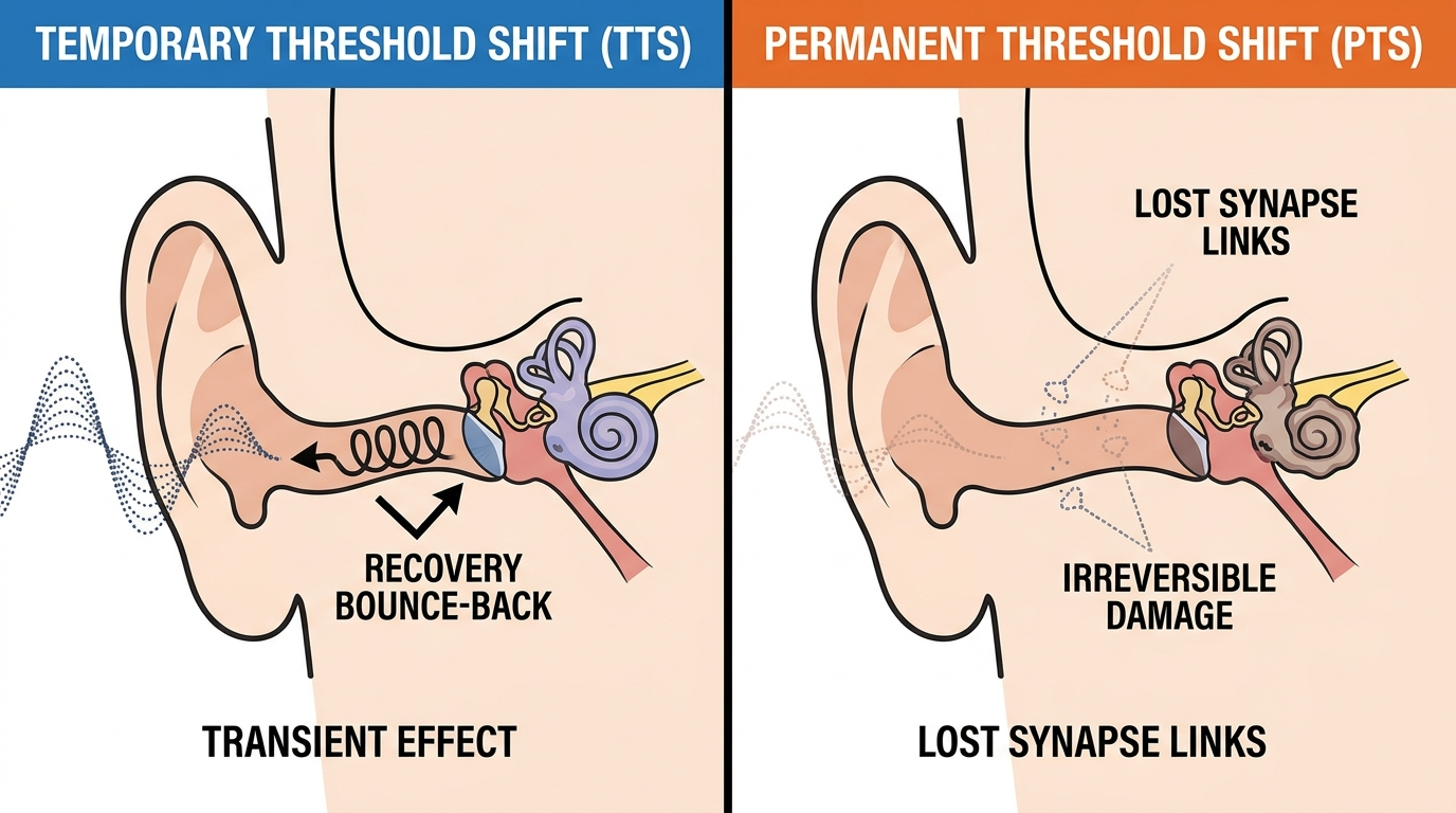 Temporary vs permanent threshold shift comparison: TTS bounce-back vs PTS synapse damage