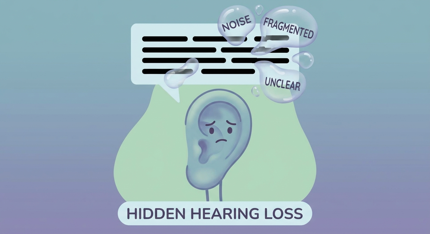 Hidden hearing loss concept: speech-in-noise breaking into fragments near an ear