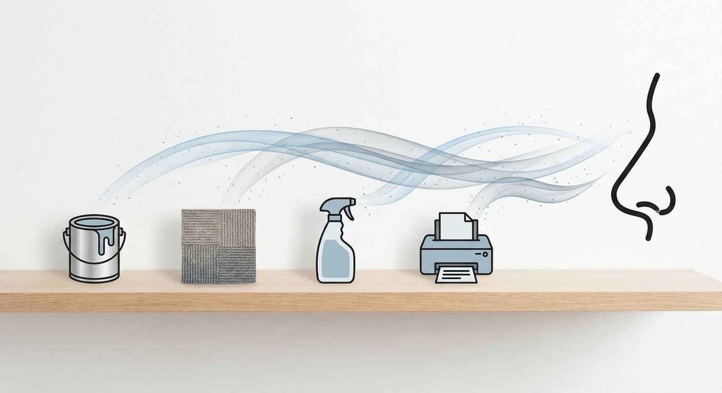 Triggers like paint, carpet, cleaners, and printers emitting vapors toward a nose silhouette